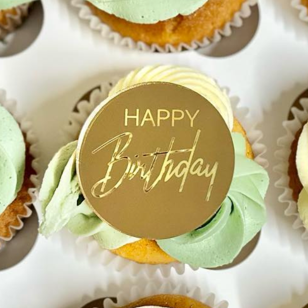 Round Acrylic Cupcake Topper Disc - Happy Birthday Script 6pc